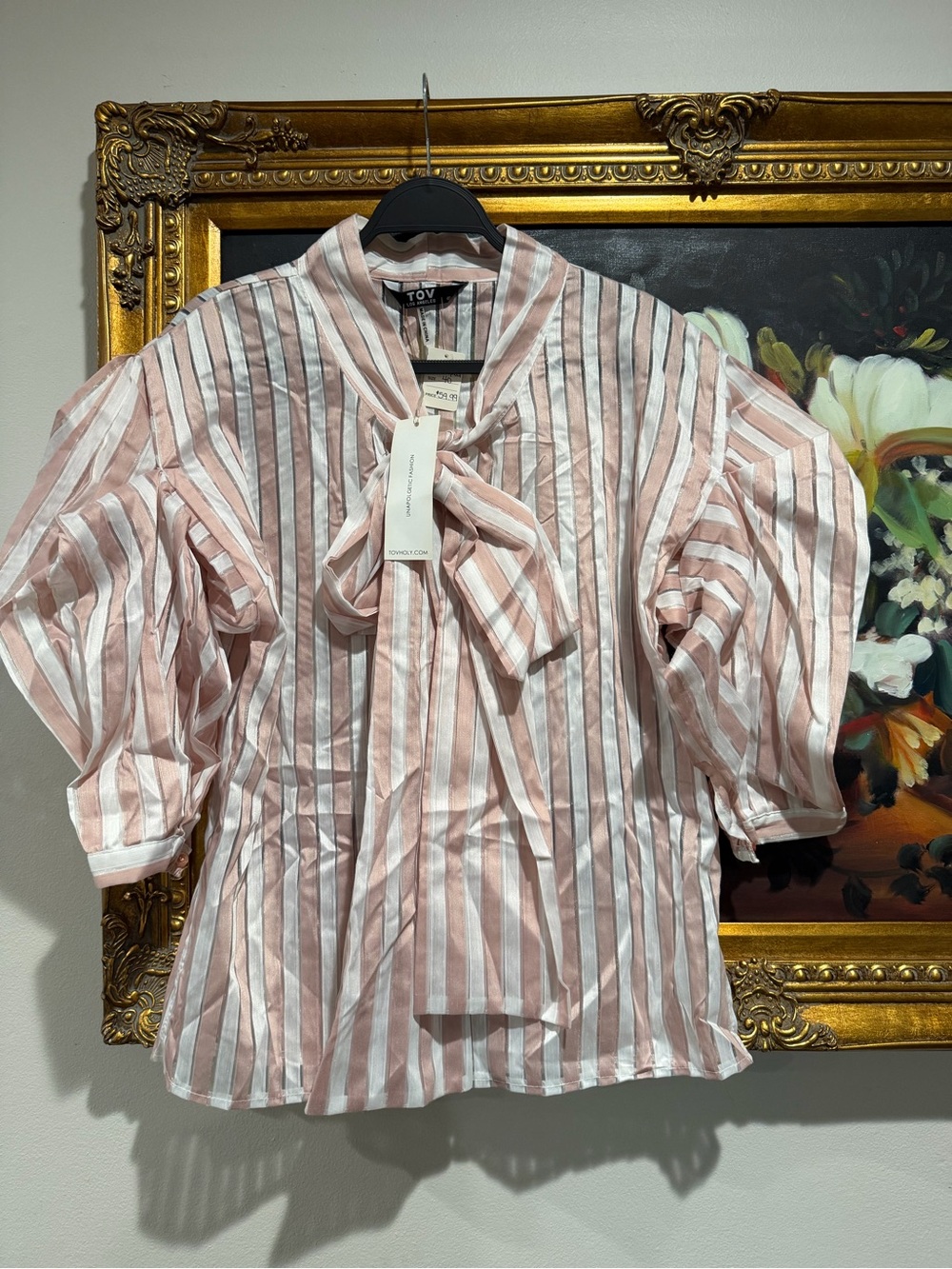 TOV Holy Pink & White Striped Bow-Neck Blouse